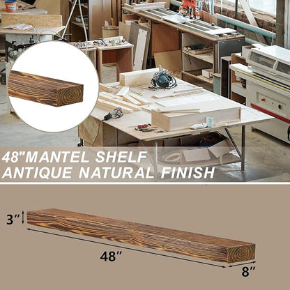 ROOMTEC Fireplace Mantel, 48" Floating Fireplace Shelves, Wall Mounted Wooden Display Shelving, Handcrafted Wood Brack, Natural Mantels Over Fireplace | 48" x 8" x 3" - Wood Brown