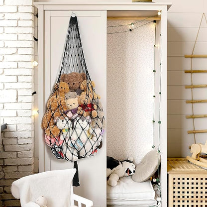 Stuffed Animal Hammock Corner Hanging Net for Stuffy Animal Storage Macrame Toy Display Plushie Toy Holder-Perfect for The Tiny Space Walls, Kid Bedroom Decor Playroom Organizer (Black XL)