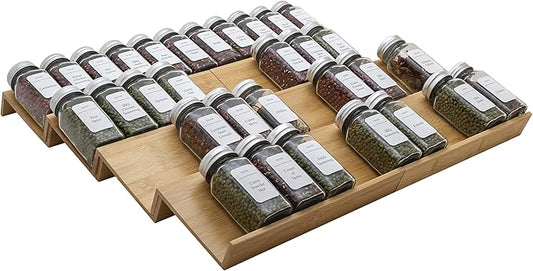 Angimio Bamboo Spice Rack Drawer Organizer - 8 Pieces Set- 10" Wide Per Piece - Combine Pieces Into 20" Wide Rack (10" or 20")