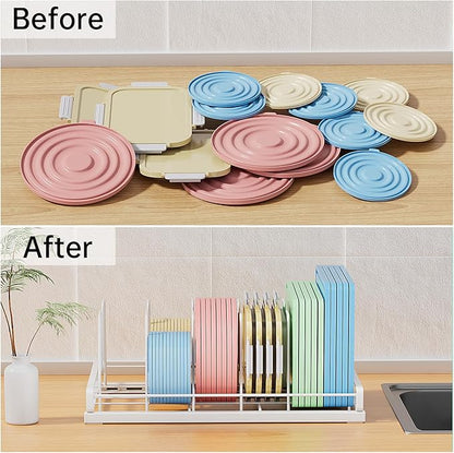 ZDDLOINP Food Container Lid Organizer for Cabinet,with 6 Adjustable Dividers Detachable,Metal Pot Lid Organizer Rack Storage Plastic Lids Pots Bakeware for Cabinets, Cupboards,Pantry, Drawers (White)