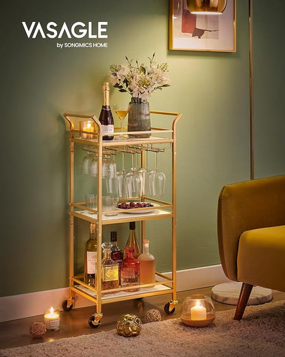 VASAGLE Bar Cart, Home Bar Serving Cart with 3 Tiers, Kitchen Shelf with Wine Rack, Glass Holders, for Small Spaces, Dining Room, Living Room, Pale Gold ULRC101A01