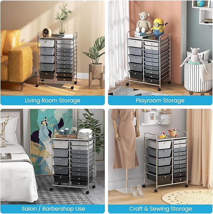 KOTEK 15-Drawer Rolling Storage Cart, Multipurpose Mobile Utility Cart with 4 Wheels, Home Office School Tools Scrapbook Paper Organizer (Grey & Black)