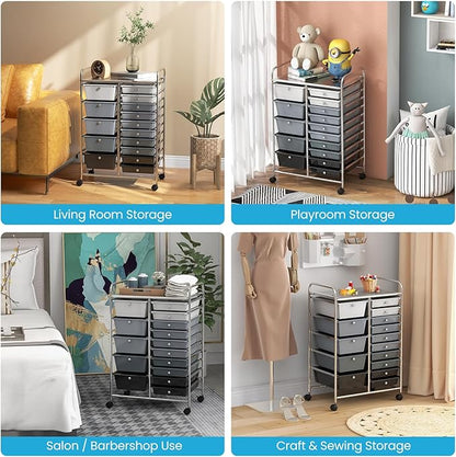 KOTEK 15-Drawer Rolling Storage Cart, Multipurpose Mobile Utility Cart with 4 Wheels, Home Office School Tools Scrapbook Paper Organizer (Grey & Black)