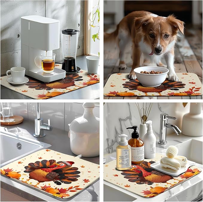 Wnoesat Thankgiving Dish Drying Mat for Kitchen Counter 16x18 Inch Fall Orange Turkey Maple Leaf Pumpkin Absorbent Microfiber Dish Rack Mat Autumn Thankgiving Dish Drying Pad for Coffee Bar Sink