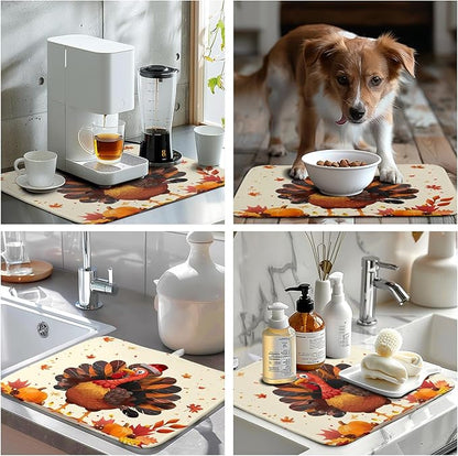 Wnoesat Thankgiving Dish Drying Mat for Kitchen Counter 16x18 Inch Fall Orange Turkey Maple Leaf Pumpkin Absorbent Microfiber Dish Rack Mat Autumn Thankgiving Dish Drying Pad for Coffee Bar Sink