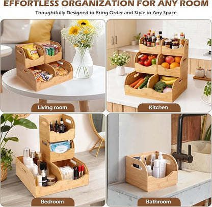 Bamboo Pantry Storage Bins – Potato & Onion Organizer, 3 Tier Stackable with Ventilated Design & Handles for Fruits, Vegetables, Kitchen Countertop, Pantry & Living Room