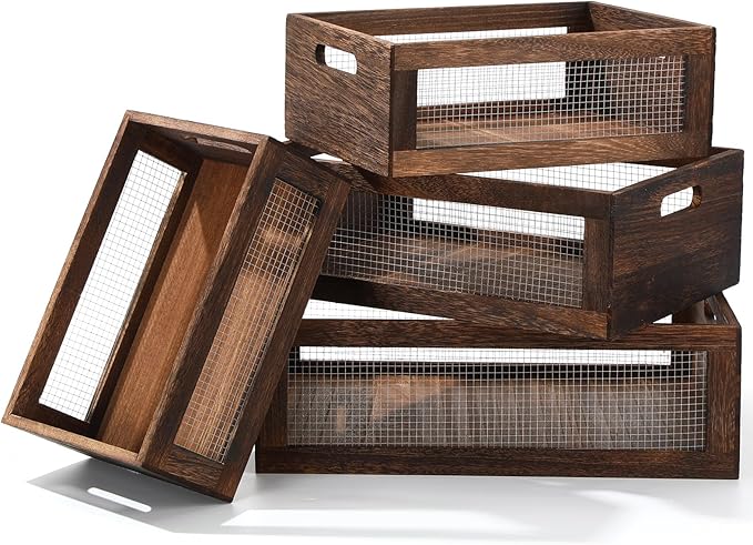 4 Pcs Wooden Nesting Countertop Baskets 4 Size Wooden Storage Box with Handle and Metal Wire Multipurpose Wood Organizer Crate for Fruit Vegetable Kitchen Cabinet Bathroom (Dark Brown,Big)