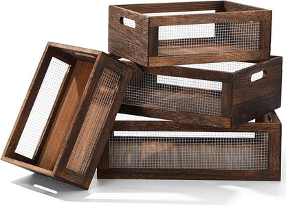4 Pcs Wooden Nesting Countertop Baskets 4 Size Wooden Storage Box with Handle and Metal Wire Multipurpose Wood Organizer Crate for Fruit Vegetable Kitchen Cabinet Bathroom (Dark Brown,Big)