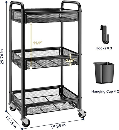 YASONIC 3 Tier Rolling Cart – Metal Utility Storage Carts with Wheels, Craft Cart Organizer with Hanging Cups, Hooks, Mesh Basket for Bedside Kitchen Office Art, Black