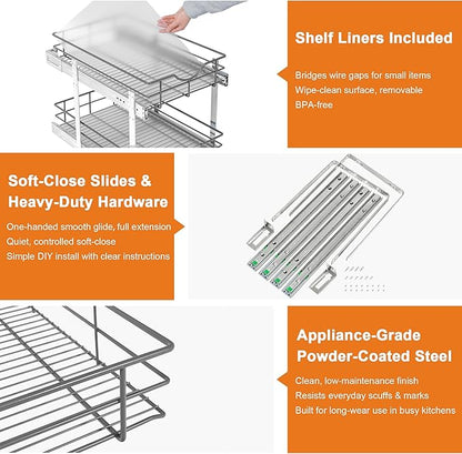 ALINE FURNITURE 2-Tier Pull Out Cabinet Organizer - 14" W x 22" D Soft Close Pullout Shelves with Shelf Liners - Slide Out Drawers for Kitchen Cabinets, Pantry, Bathroom, Heavy Duty Steel Wire Baskets