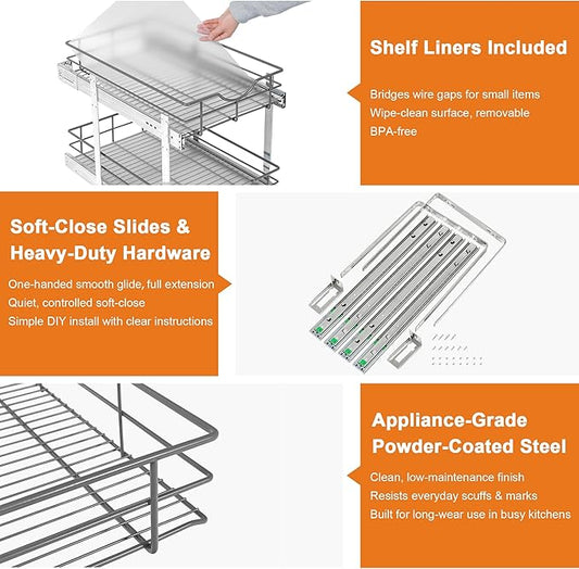 ALINE FURNITURE 2-Tier Pull Out Cabinet Organizer - 11" W x 22" D Soft Close Sliding Shelves with Shelf Liners - Pullout Drawers for Kitchen Cabinets, Pantry, Bathroom, Heavy Duty Steel Wire Baskets