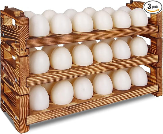 CVHOMEDECO. Wooden Egg Holder Fresh Egg Holders Countertop Firewood Egg Collecting Rack for Gathering Fresh eggs, Stackable with 36 eggs, Home Kitchen Organizer, Set of 3 PCS