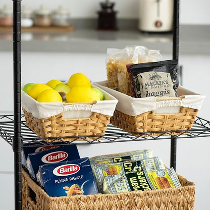 JS HANGER Wicker Storage Basket with Liners, Set of 2, Washable Waterproof, 12.6" L x 8.7" W x 4.3" H, Woven Basket for Pantry, Toilet, Bathroom, Bedroom, Patio,Natrual