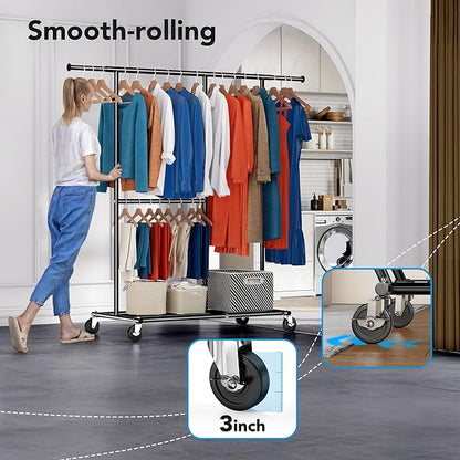 HOKEEPER Clothes Rack, Clothing Rack for Hanging Clothes Heavy Duty Garment Rack with Wheels Commercial Portable Freestanding Closet Rack with Shelves for Bedroom, Living Room, Laundry, Balcony, Black