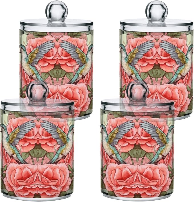 MNSRUU 4 Pack Qtip Holder Organizer Dispenser Flowers and Hummingbirds Pink Bathroom Storage Canister Cotton Ball Holder Bathroom Containers for Cotton Swabs/Pads/Floss