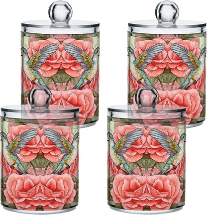 MNSRUU 4 Pack Qtip Holder Organizer Dispenser Flowers and Hummingbirds Pink Bathroom Storage Canister Cotton Ball Holder Bathroom Containers for Cotton Swabs/Pads/Floss