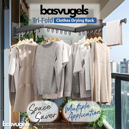 Clothes Drying Rack - Comes with Portable Travel Clothes Hanger 2X -Wall Mounted Drying Rack - Space Saving - Easy to Install - Clothes Hanging - Retractable - (Tri-Fold) (Dark Gray)