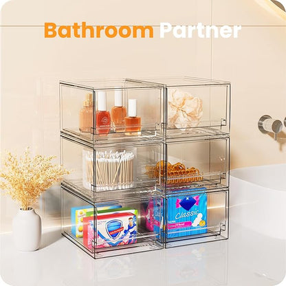 A-LuGei 【𝟰𝗣𝗖𝗦】 Acrylic Stackable Storage Drawers, 7.5" L Makeup Organizer, Bathroom Organizer and Storage, Plastic Storage Bins for Kitchen Cabinet Pantry Medicine Fridge