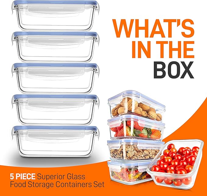 NutriChef 10 Piece Glass Food Storage Containers with Lids – 30 oz Meal Prep Containers Reusable – Airtight Glass Lunch Containers for Food Storage – Freezer to Oven Safe - Blue