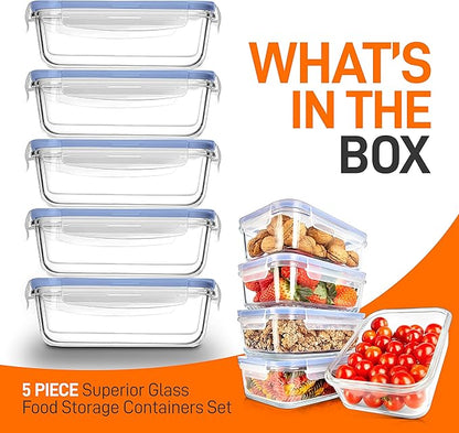 NutriChef 10 Piece Glass Food Storage Containers with Lids – 30 oz Meal Prep Containers Reusable – Airtight Glass Lunch Containers for Food Storage – Freezer to Oven Safe - Blue