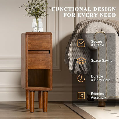 Narrow Nightstand 2 Drawers with Open Shelf Narrow Night Stand Solid Wood Bedside Table Mid Century Modern Nightstand Wooden End Table for Bedroom, Living Room, Study, Office