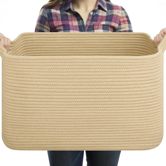 Large Blanket Basket, Jute Blanket Storage Living Room, Rectangle Woven Baskets for Storage Toys, Towels, Dirty Clothes Organizer Bins (Jute)
