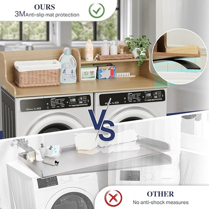DTK Washer Dryer Wood Countertop with Shelf, Laundry Topper with Non-Slip Mat,27.55" Depth x 54" Width Dryer Covers for The Top with Edge Rails (Light Walnut)