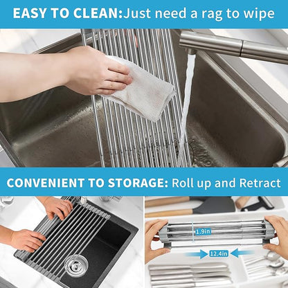 HAYAWEY Expandable Roll-UP Dish Drying Rack-Large 304 Stainless Steel Dish Drainer Over The Sink for Kitchen Countertop,Extendable & Rollable & Food Grade (Silver,22.08'x 13.2')