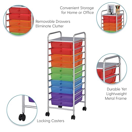 ECR4Kids 10-Drawer Value Mobile Oraganizer, Storage Cart, Assorted