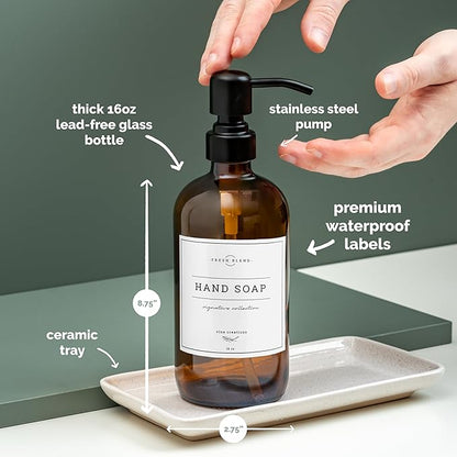 Vine Creations Amber Glass Soap Dispenser, 2 Pack Kitchen Soap Dispenser Set with Ceramic Tray, Stainless Steel Pump, Dish Soap and Hand Soap Dispensers for Bathroom Decor with Waterproof Labels