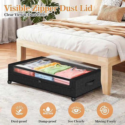 Gientan 2 Pack Under Bed Storage with 4 Dividers, Large Under Bed Storage Containers with Wheels for Clothes, Shoes, XXL Rolling Underbed Storage Organizer Bins with Clear Lids and Handles