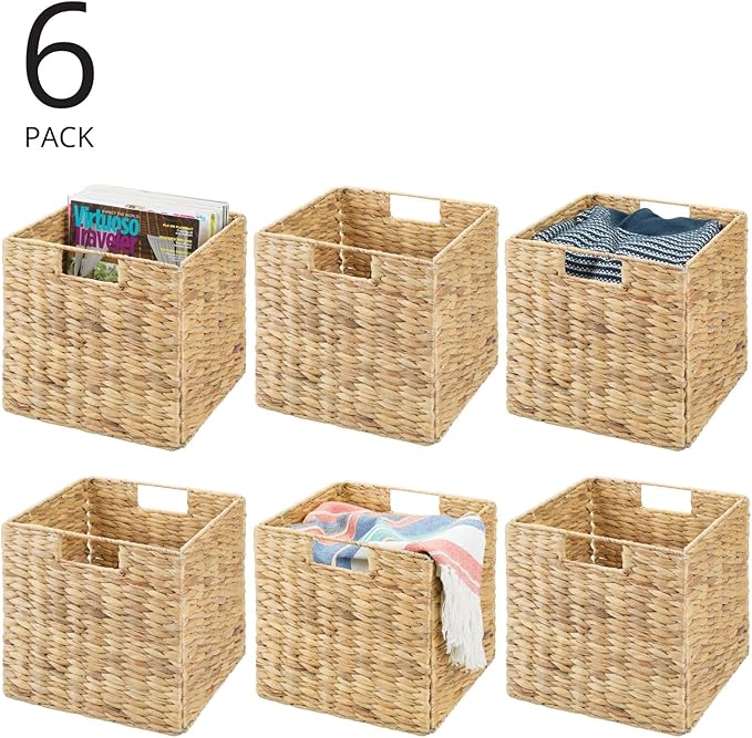 mDesign Natural Woven Hyacinth Cube Organizer Basket with Handles, Storage for Bathroom, Laundry Room Shelf or Nursery - Perfect for Cubby Storage Units - Hold Blankets and Books - 6 Pack, Natural/Tan