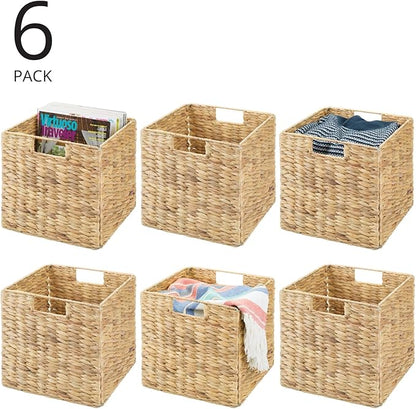 mDesign Natural Woven Hyacinth Cube Organizer Basket with Handles, Storage for Bathroom, Laundry Room Shelf or Nursery - Perfect for Cubby Storage Units - Hold Blankets and Books - 6 Pack, Natural/Tan