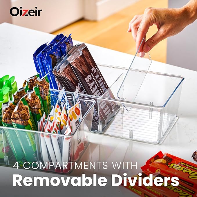 Oizeir Clear Pantry Organizer Bins (4PK) - Fridge Organizer with 3 Removable Dividers - Kitchen Pantry Organizers & Storage - Storage Cabinet Snack