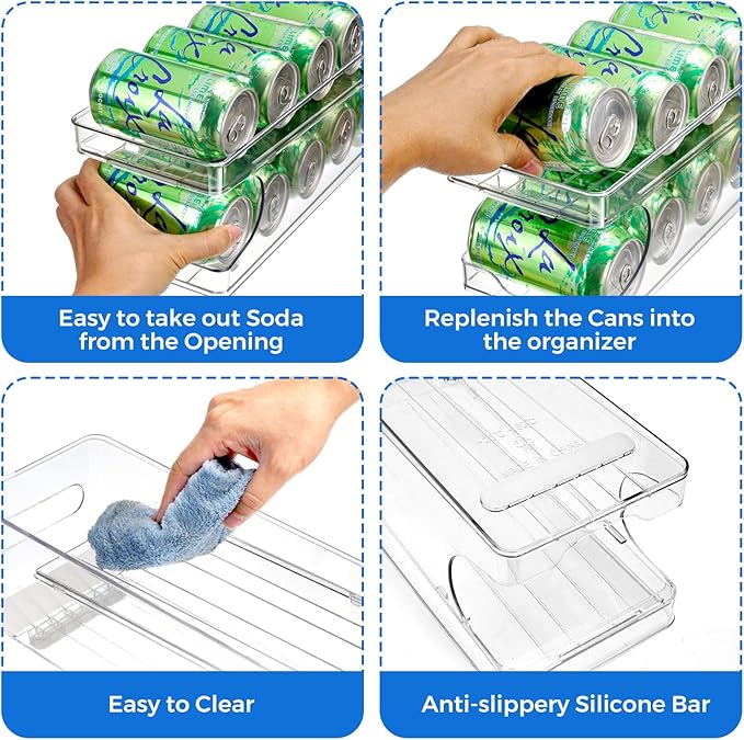 BingoHive Rolling Soda Can Organizer for Refrigerator Can Dispenser for Beer Soda Seltzer Pop Can Soda Organizer for 10 Standard Size 11.15oz or 12oz Cans Holder Storage Pantry Organization