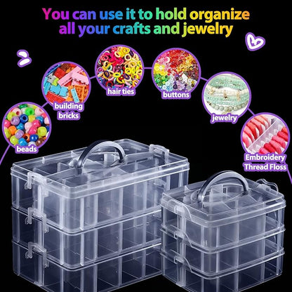 Bead Organizer, 2 Pack Craft Storage with Removable Dividers, Clear 3-Tier Plastic Organizer Box, Small Parts Organizers for Jewelry, Art, DIY Crafts, Kids Toys, Small Items