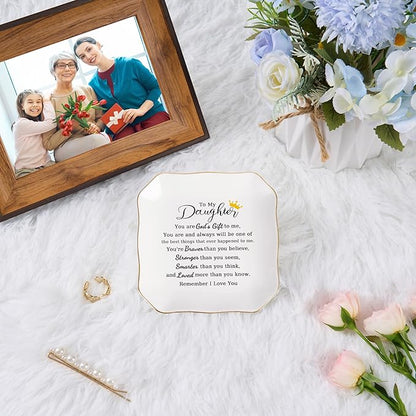 Jelershy Daughter Gifts Ring Jewelry Dish Tray - Christmas Valentines Mother's Day Wedding Birthday Gifts for Daughter from Mom - You Are God's Gift to Me... You're Brever Stronger Smarter Loved
