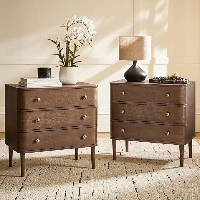 HULALA HOME Modern End Table Set of 2 with Charge Station, 3 Drawer Wood Side Table with Solid Wood Legs & Adjustable Feet, Curved Design End Table, Walnut