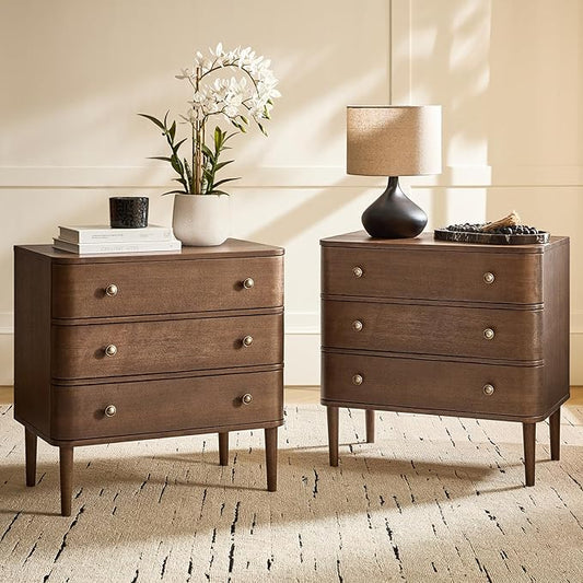 HULALA HOME Modern End Table Set of 2 with Charge Station, 3 Drawer Wood Side Table with Solid Wood Legs & Adjustable Feet, Curved Design End Table, Walnut