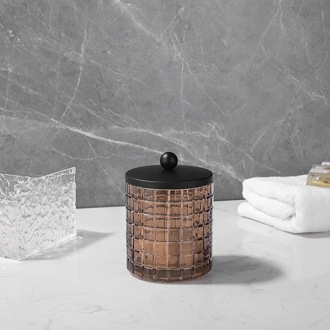 Indecor Home Amber Colored Tranlucent Apothecary Etched Geometric Grid Glass Jar W/Matte Black Metal Lid for Bathroom Organization, Cotton Balls, Q Tips, and Small Accessories, Bathroom Storage