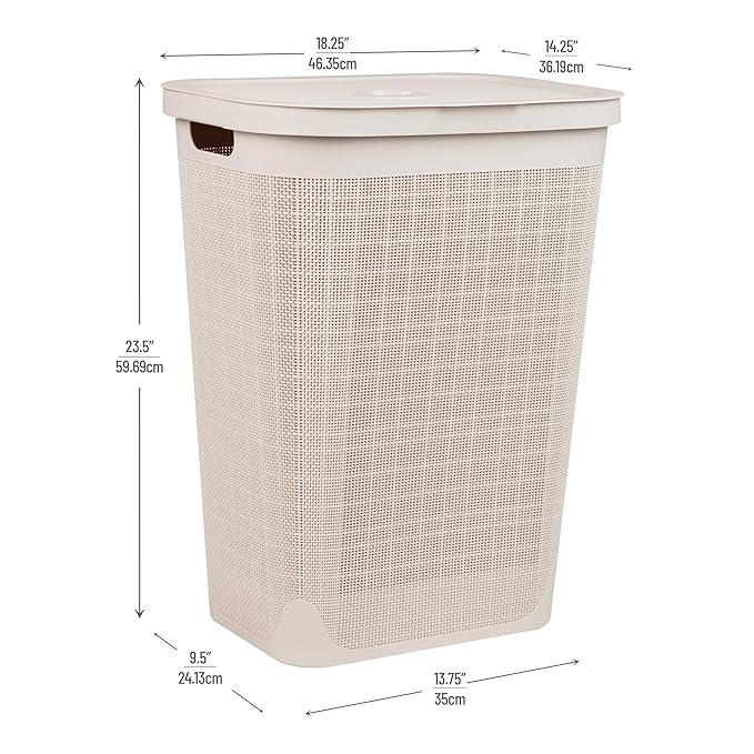 Mind Reader 60L Slim Laundry Hamper, Clothes Basket, Lid, Linen Design, Plastic, Ivory
