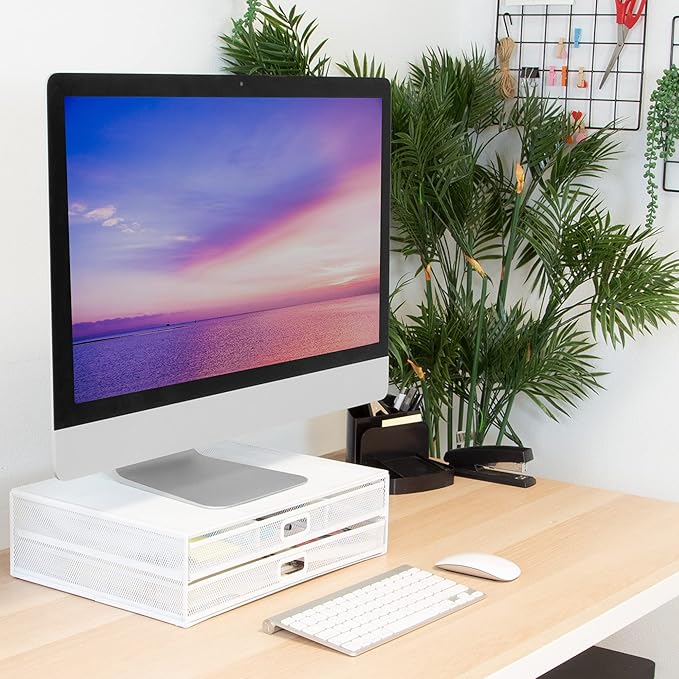 Mount-It! Mesh Computer Monitor Stand Riser [Metal] Desk Organizer with Two Pullout Storage Drawers for Desktop, Laptop, and Printer Accessories and Office Supplies (White)