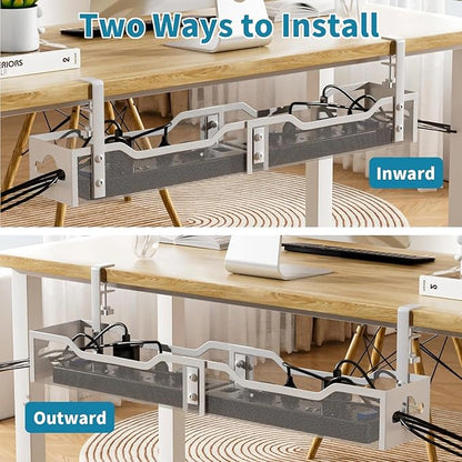 Under Desk Cable Management Tray 32'', Cable Management Under Desk No Drill, Cable Organizer with Clamp for Wire Management, Cord Organizer for Office, Home - No Damage to Table (White)