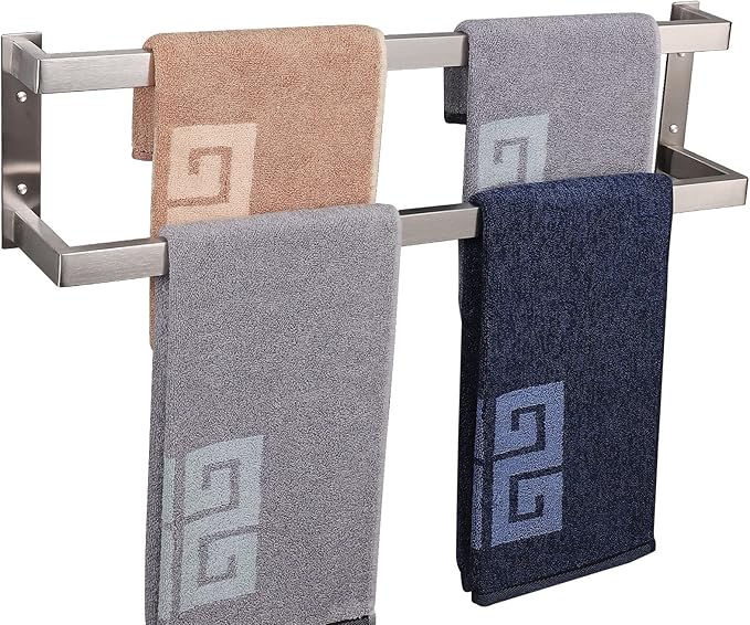 NearMoon Bathroom Towel Bar, Towel Rod Holder, Square Shelf Rack Hanging Towel for Bath, Thicken SUS304 Stainless Steel Towel Rack Wall Mounted-2-Tier Bath Accessories (24 Inch, Brushed Nickel)