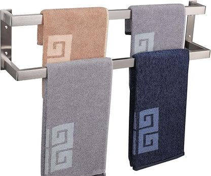 NearMoon Bathroom Towel Bar, Towel Rod Holder, Square Shelf Rack Hanging Towel for Bath, Thicken SUS304 Stainless Steel Towel Rack Wall Mounted-2-Tier Bath Accessories (24 Inch, Brushed Nickel)