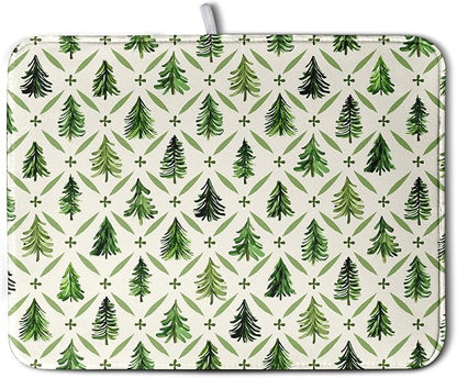 Wnoesat Christmas Dish Drying Mat for Kitchen Counter 18x24 Inch Sage Green Xmas Tree Drying Pad Winter Holiday Dish Draining Mat Microfiber Absorbent Dish Drainer Rack Mat for Coffee Bar