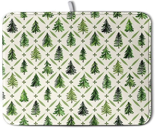 Wnoesat Christmas Dish Drying Mat for Kitchen Counter 18x24 Inch Sage Green Xmas Tree Drying Pad Winter Holiday Dish Draining Mat Microfiber Absorbent Dish Drainer Rack Mat for Coffee Bar