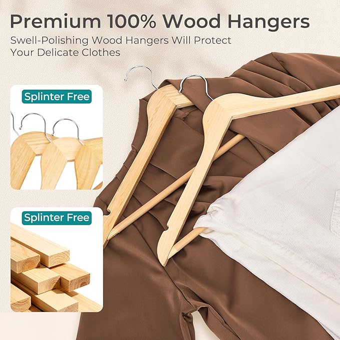 HOUSE DAY Premium Wooden Coat Hangers 100 Pack, Heavy Duty Solid Wood Clothes Hangers with 360° Swivel Hook & Pant Bar for Jackets, Dress, Shirts, Natural Wood Suit Hanger for Closet Organizer