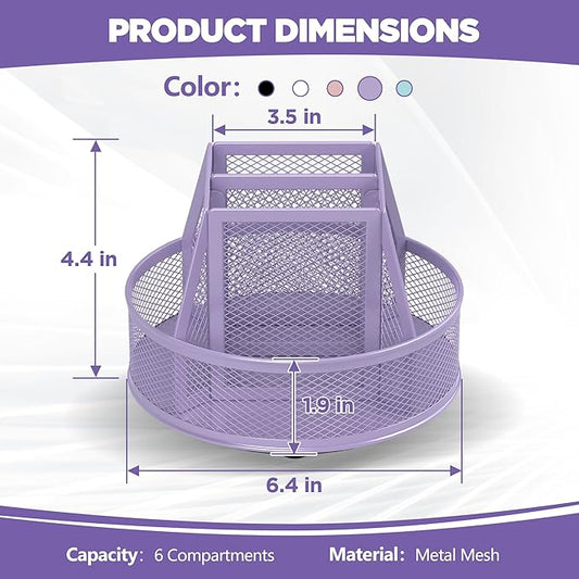 Docnest Mesh 360 Degree Rotating Pen Holder with 6 Compartment,Metal Pencil Cup Art Supply Storage Box Caddy,Teacher Stationery and Dorm Supplies Desk Organizer for Pencil,Sticky Note,Scissors-Purple