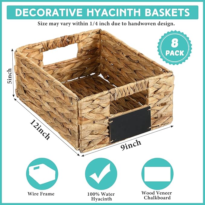 Nitial 8 Pcs 12 x 9 x 5 Inch Wicker Storage Basket, Rectangular Water Hyacinth Storage Baskets for Shelving, Foldable Woven Pantry Organizer with Chalkboard Label and Chalk Marker(Natural)